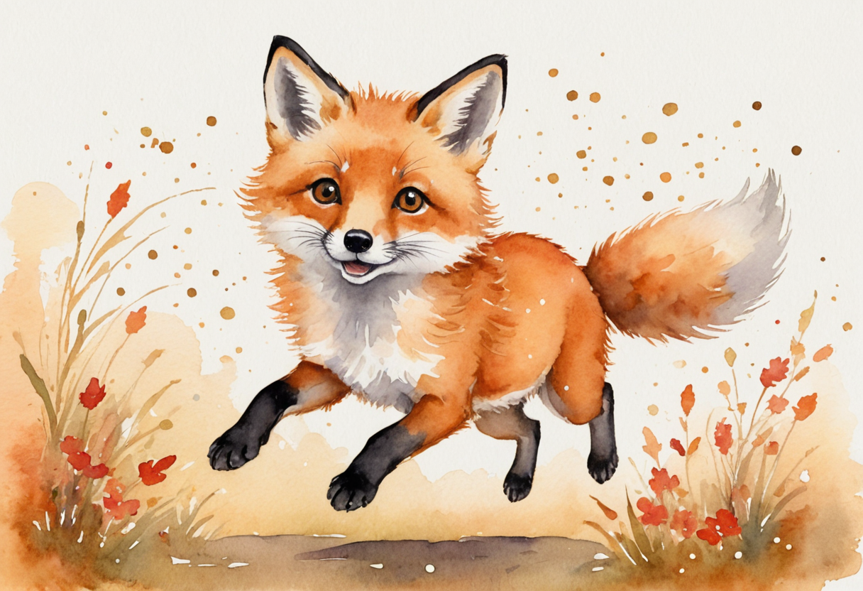 Fable the fox jumping with joy